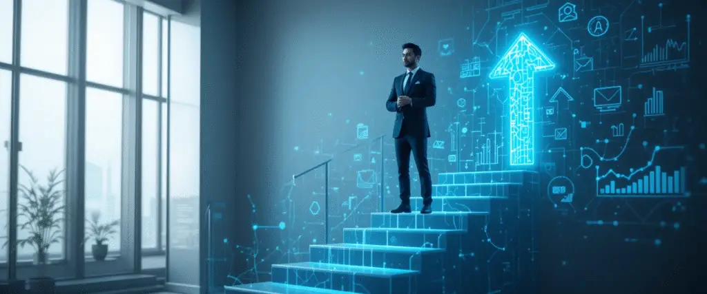 Confident business owner stepping upward toward digital growth, symbolizing success with LyvoXpert’s Digital marketing services